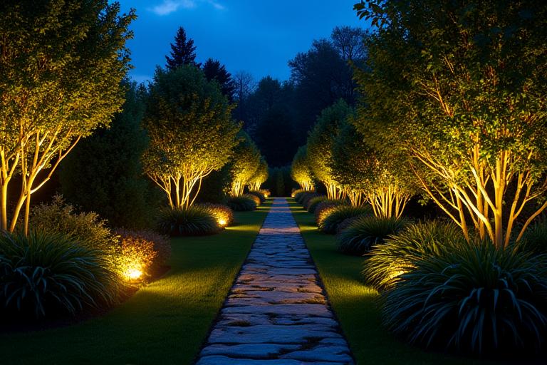 Iluminación LED en jardín nocturno